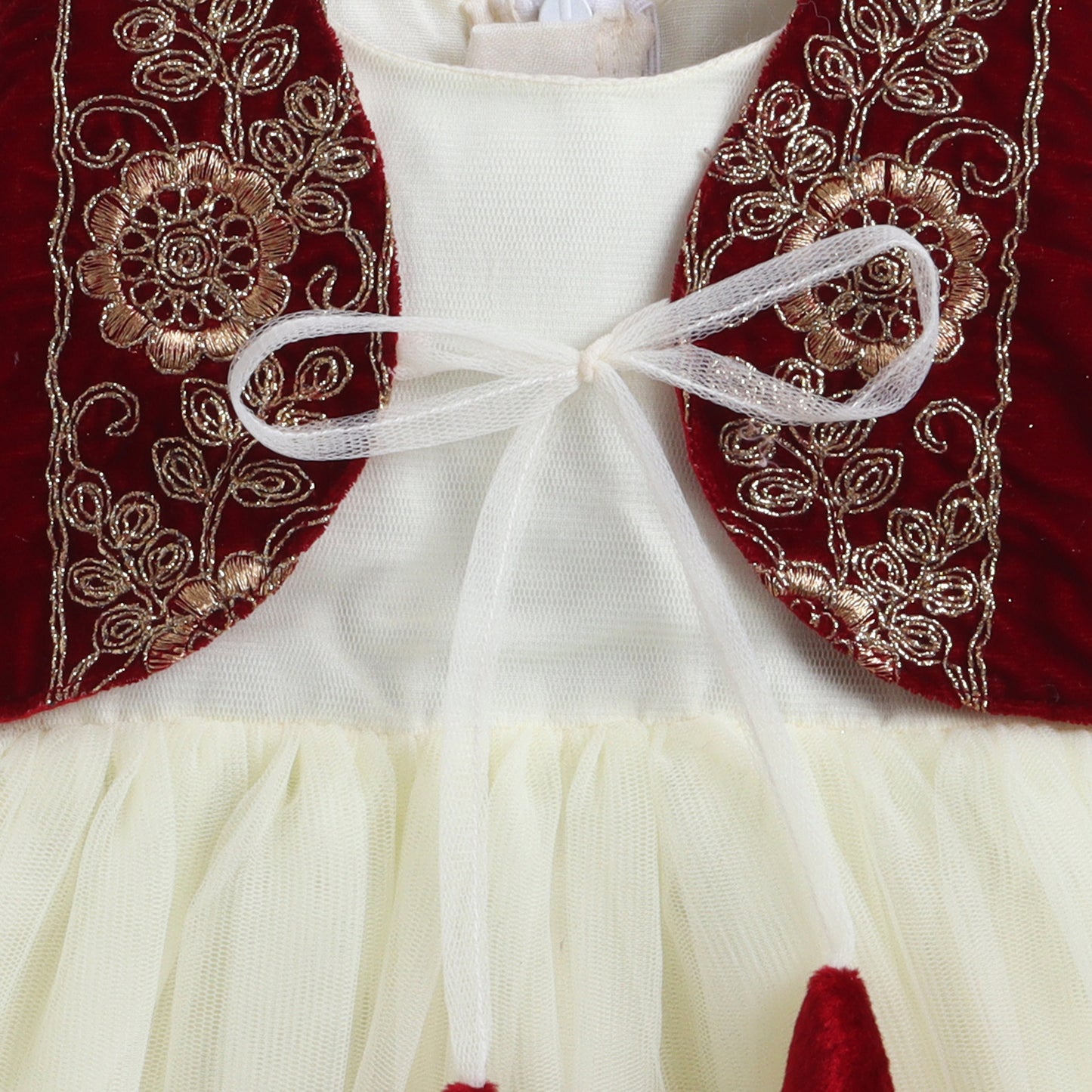 Many Frocks & Net Sleeveless Velvet Embroidered Koti Knee Length Girl Ethnic Dress - Cream & Maroon
