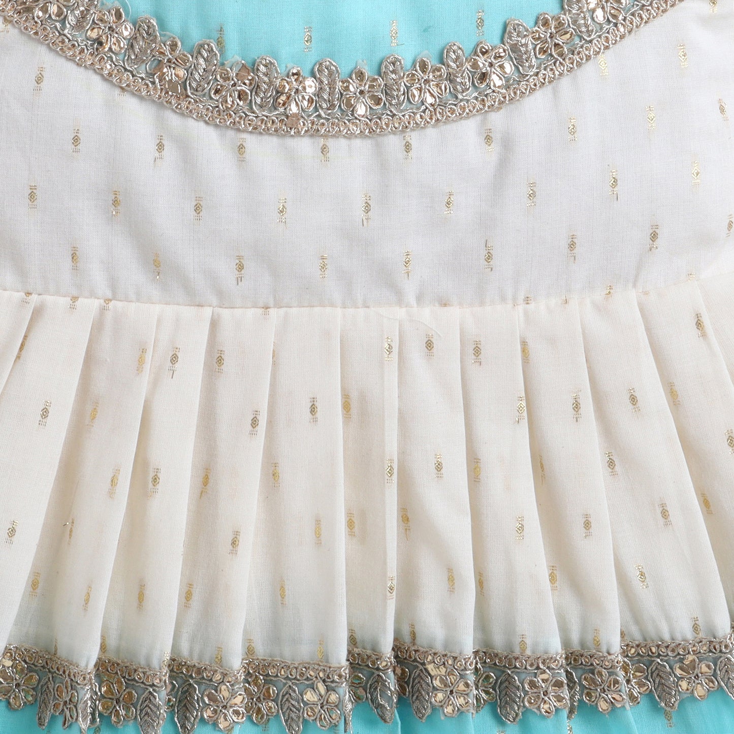 Many Frocks & Cotton Sleeveless Lace Embellished Knee Length Ethnic Baby Ethnic Dress - Cream & Light Blue