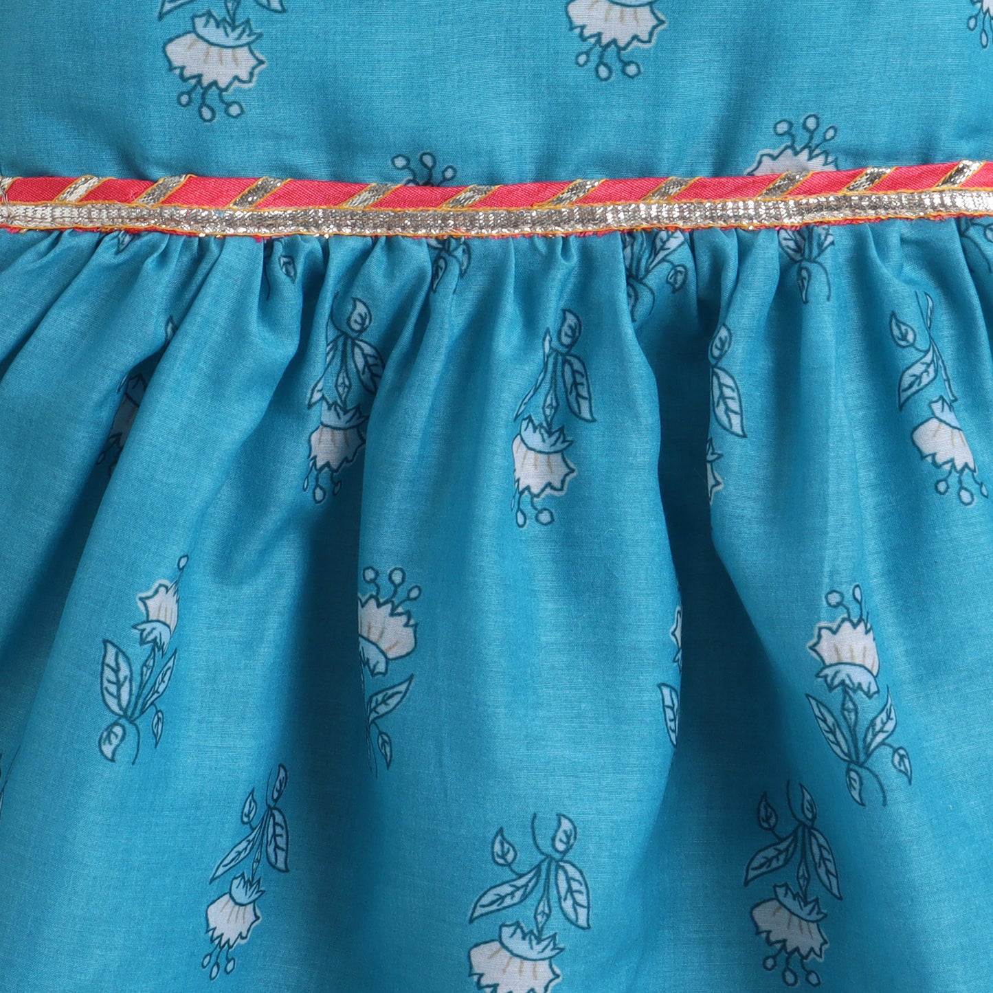 Many Frocks & Flutter Sleeves Lace Embellished Knee Length Girls Ethnic Dress - Blue