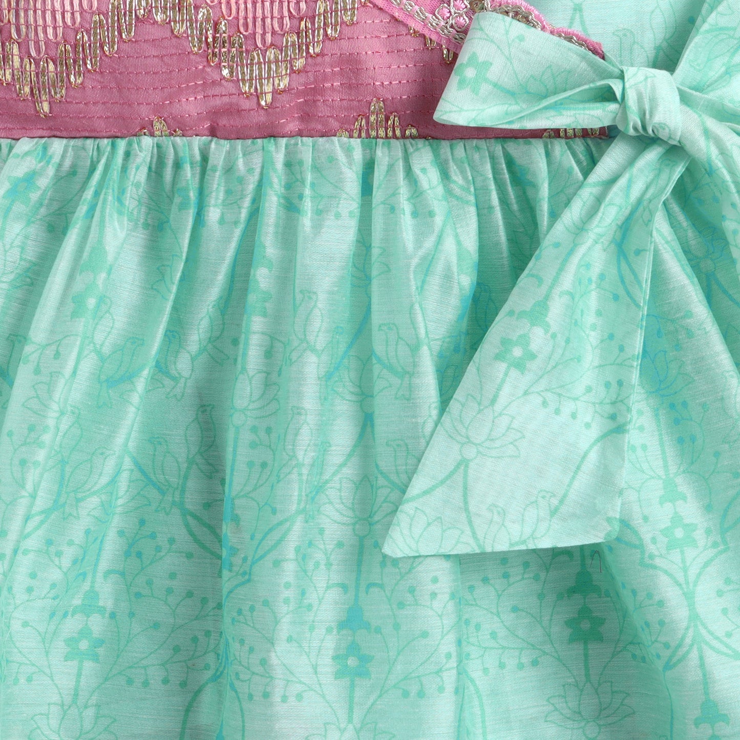 Many Frocks & Chanderi Sleeveless lace embellished overlapping Gotapatti Lace Work Patch Koti Knee Length Baby Ethnic Dress -Sea Green & Pink