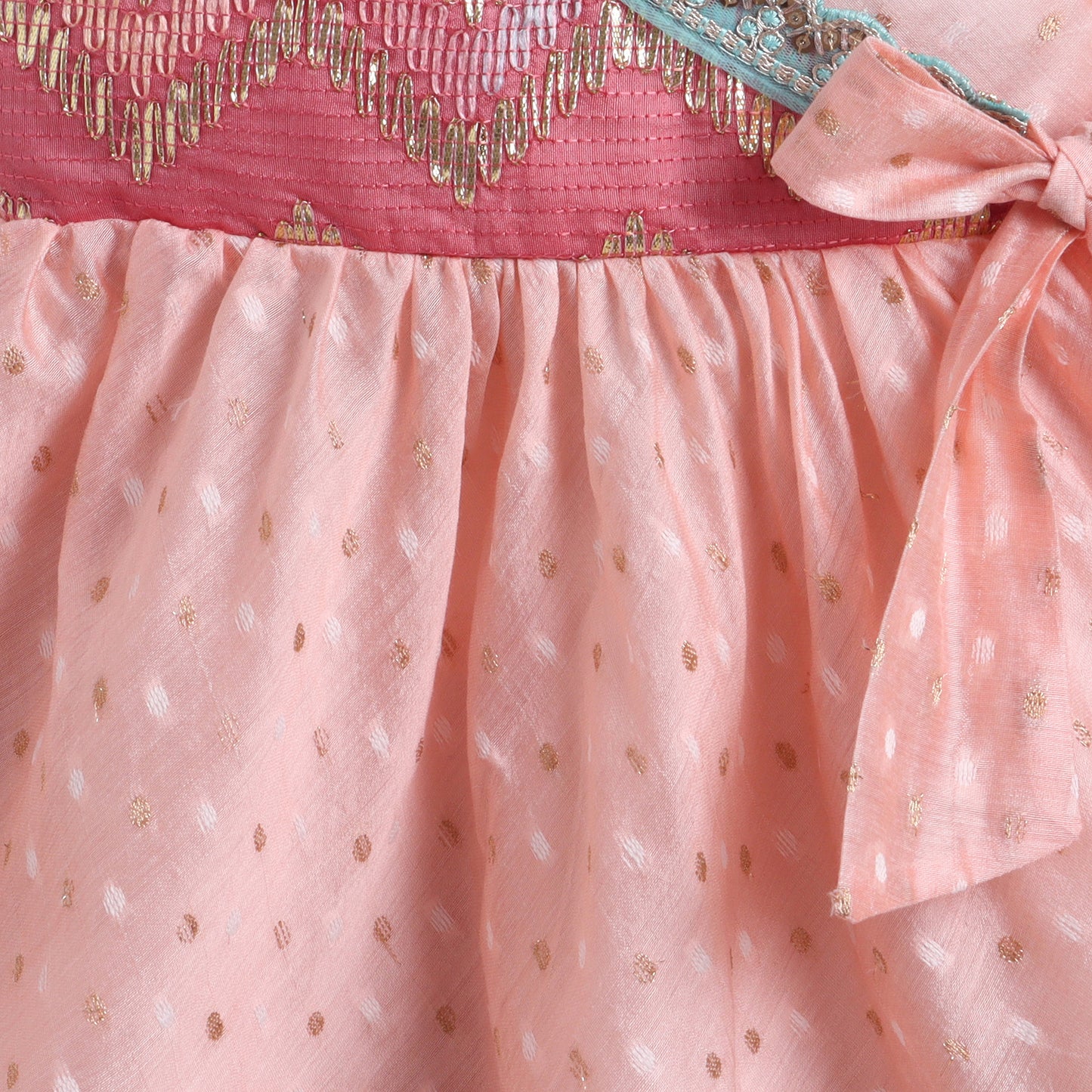 Many Frocks & Chanderi Sleeveless lace embellished overlapping Gotapatti Lace Work Patch Koti Knee Length Baby Ethnic Dress -Pink