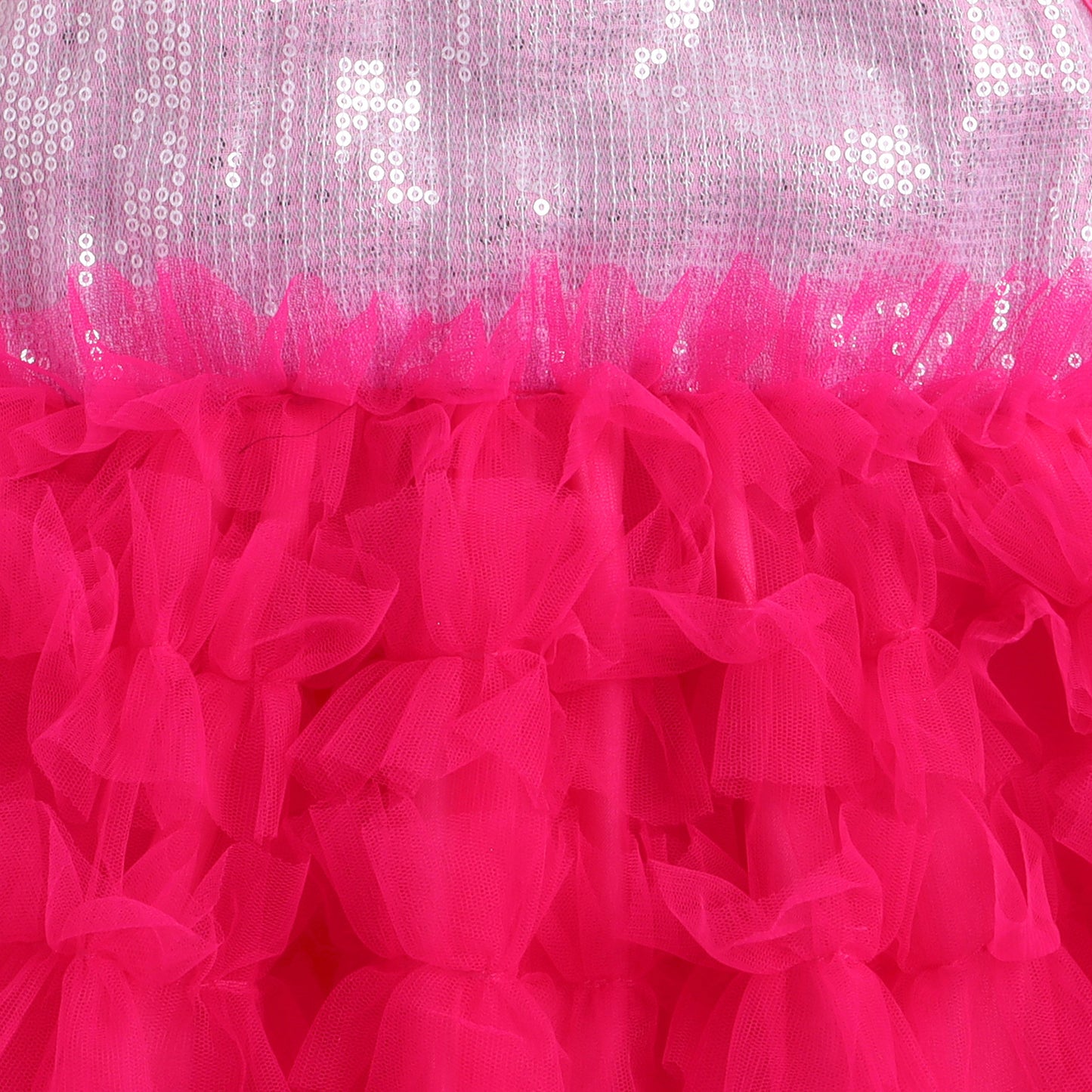 Many Frocks & Net & Sequin Short Sleeveless Embellished Knee Length Baby Party Dress - Pink