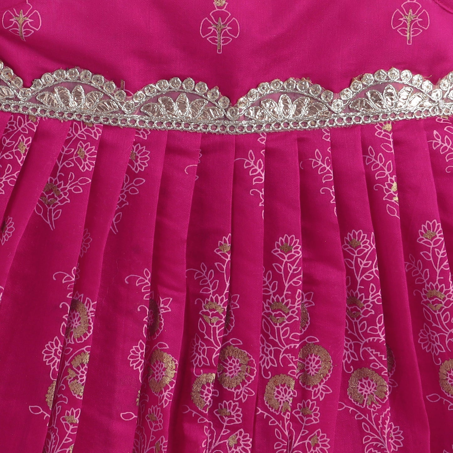 Many Frocks & Chanderi Sleeveless Lace Embellished Knee Length Baby Jhabla Ethnic Dress-Pink