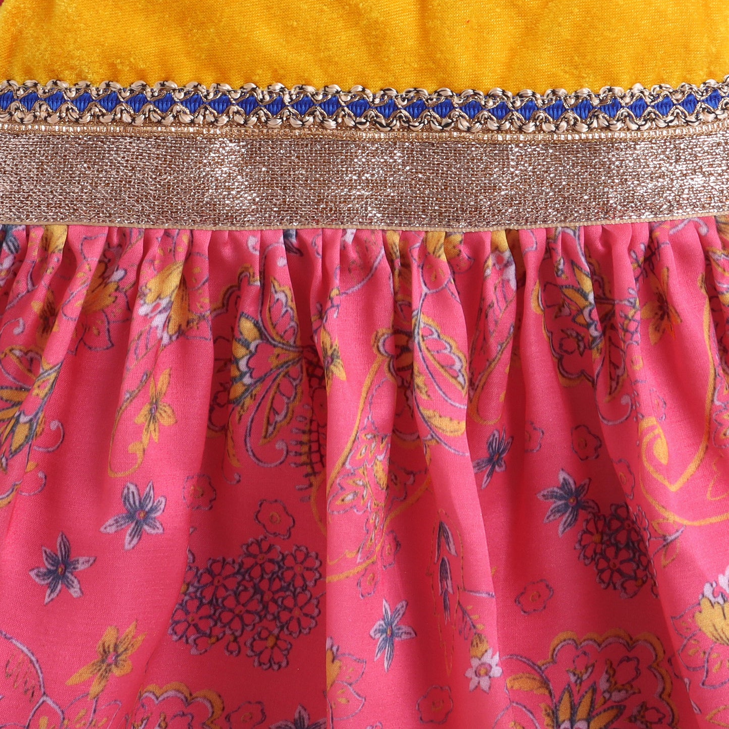 Many Frocks & Satin Sleeveless Lace Embellished Printed Knee Length Baby Ethnic Dress - Pink & Yellow