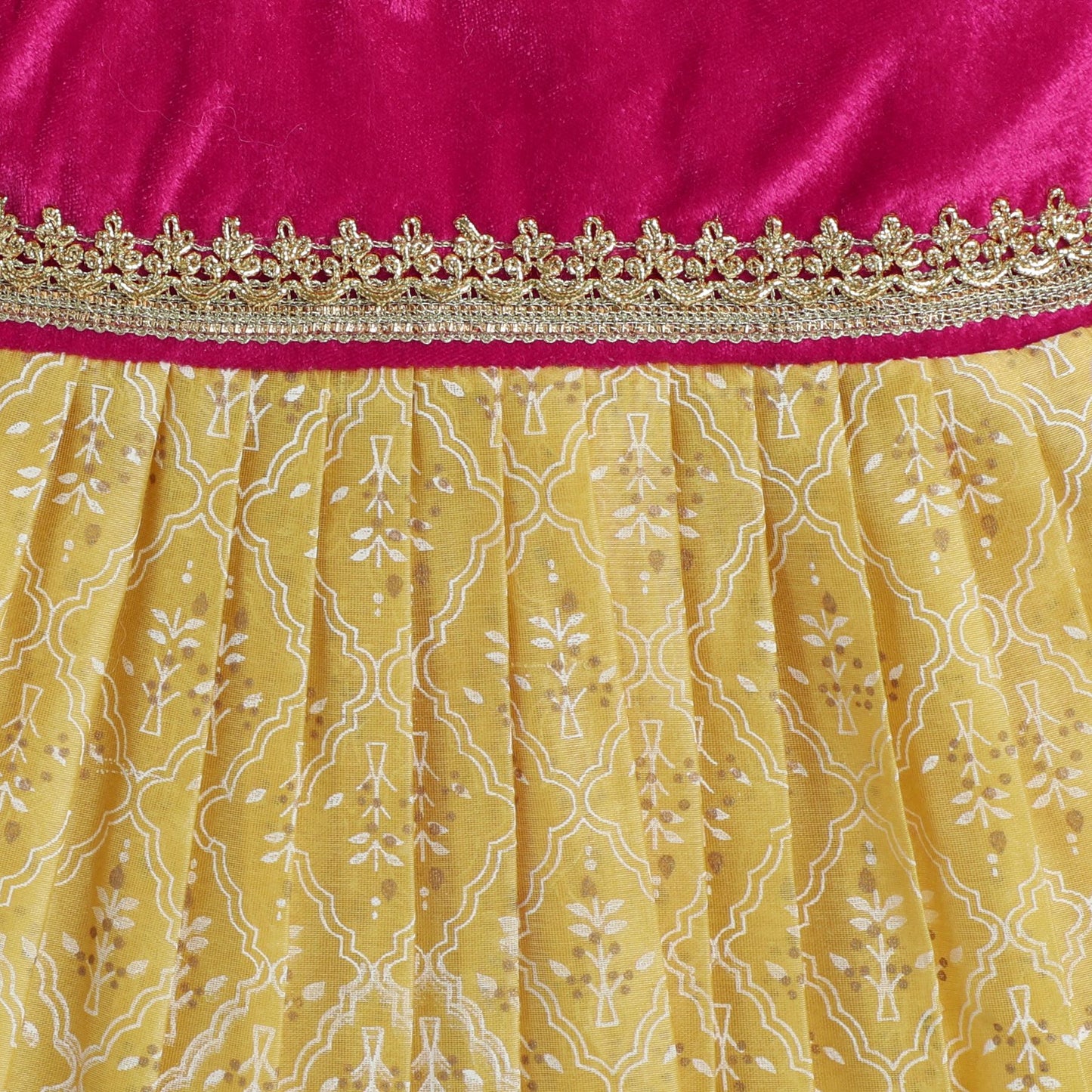 Many Frocks & Velvet & Chanderi Puff Sleeves Knee Length Lace Embellished Ethnic Frock - Pink & Yellow
