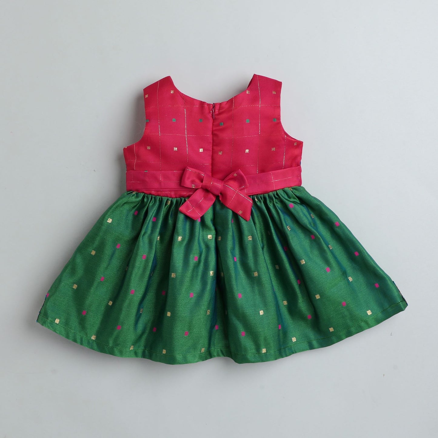 Many Frocks & Poly Silk Sleeveless Knee Length Coloured Woven Boti Lace Embellished Baby Ethnic Frock - Pink & Green