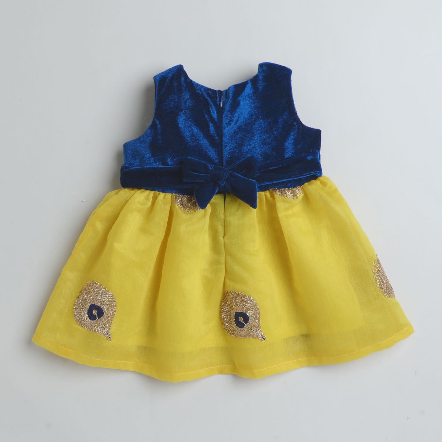 Many Frocks & Velvet Sleeveless Knee Length Lace Embellished Peacock Printed Baby Ethnic Frock - Blue & Yellow