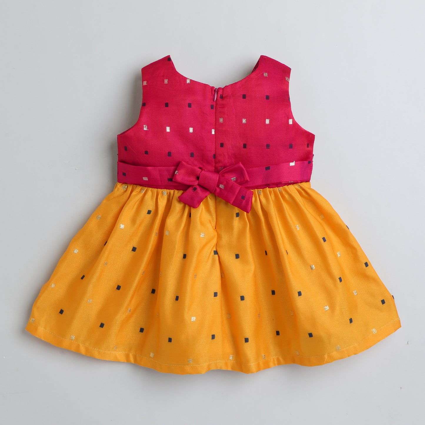 Many Frocks & Poly Silk Sleeveless Knee Length Colour Boti Lace Embellished Baby Ethnic Frock - Pink & Yellow