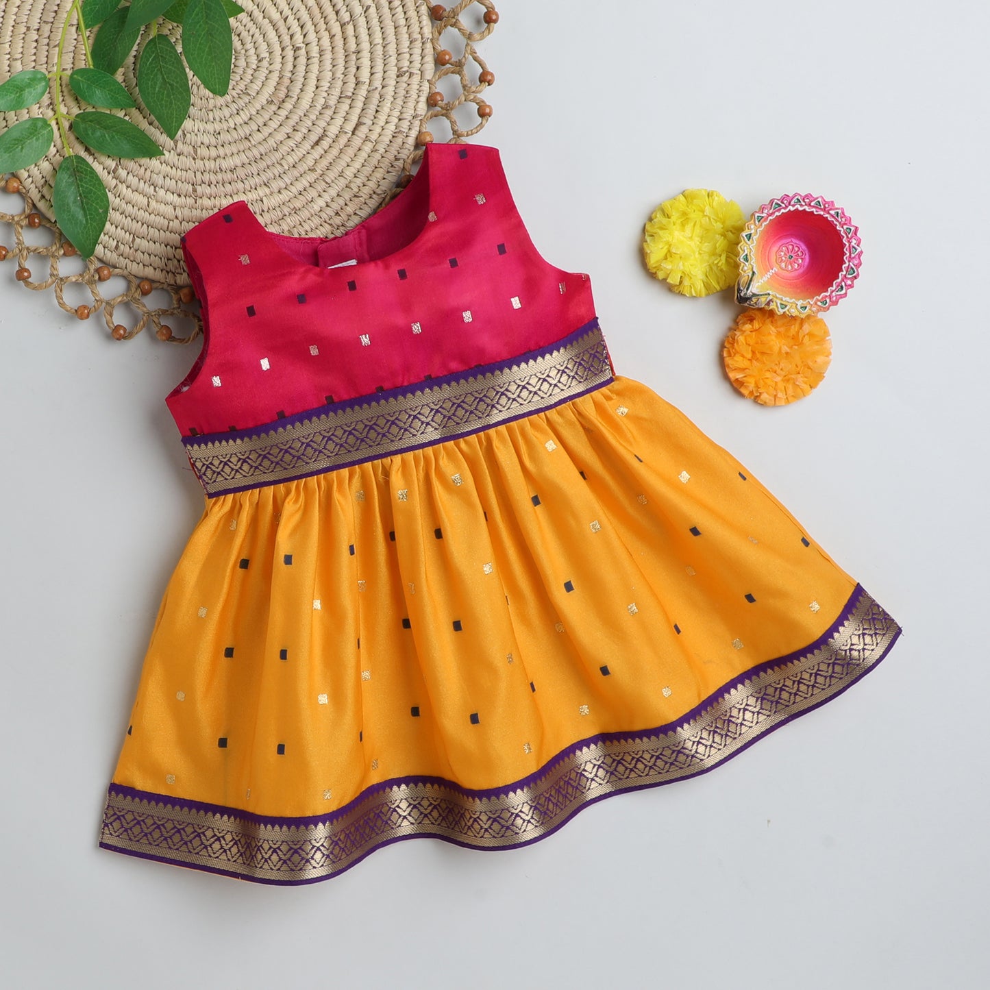 Many Frocks & Poly Silk Sleeveless Knee Length Colour Boti Lace Embellished Baby Ethnic Frock - Pink & Yellow