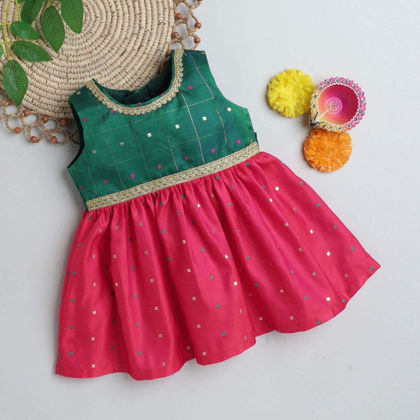 Many Frocks & Poly Silk Sleeveless Knee Length Coloured Boti Lace Embellished Baby Ethnic Frock - Green & Pink
