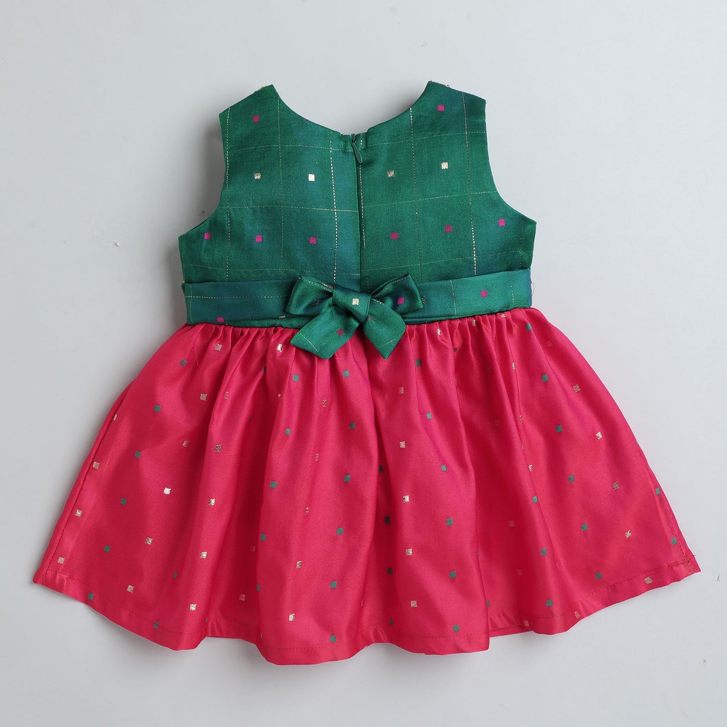 Many Frocks & Poly Silk Sleeveless Knee Length Coloured Boti Lace Embellished Baby Ethnic Frock - Green & Pink