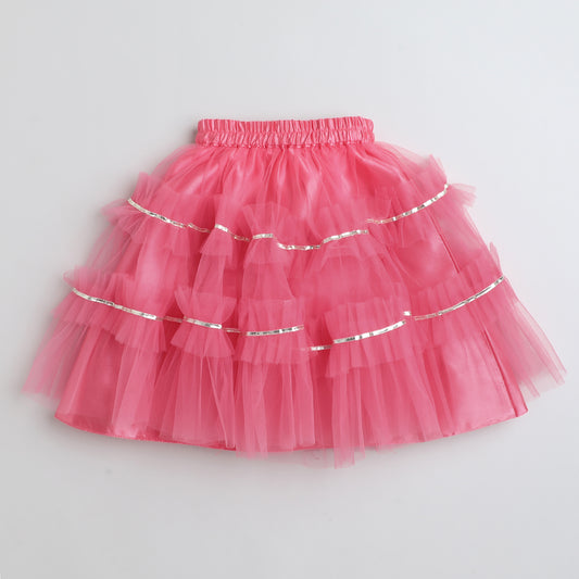 Many Frocks & sleeveless pleated choli lengha dupatta set - Pink & Grey