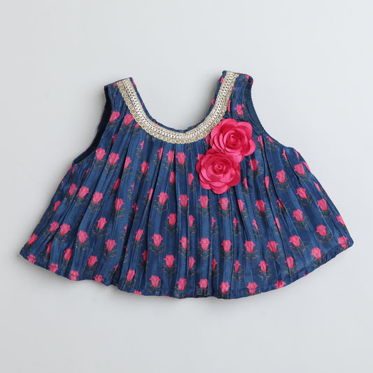 Many Frocks & sleeveless pleated choli lengha dupatta set - Pink & Blue