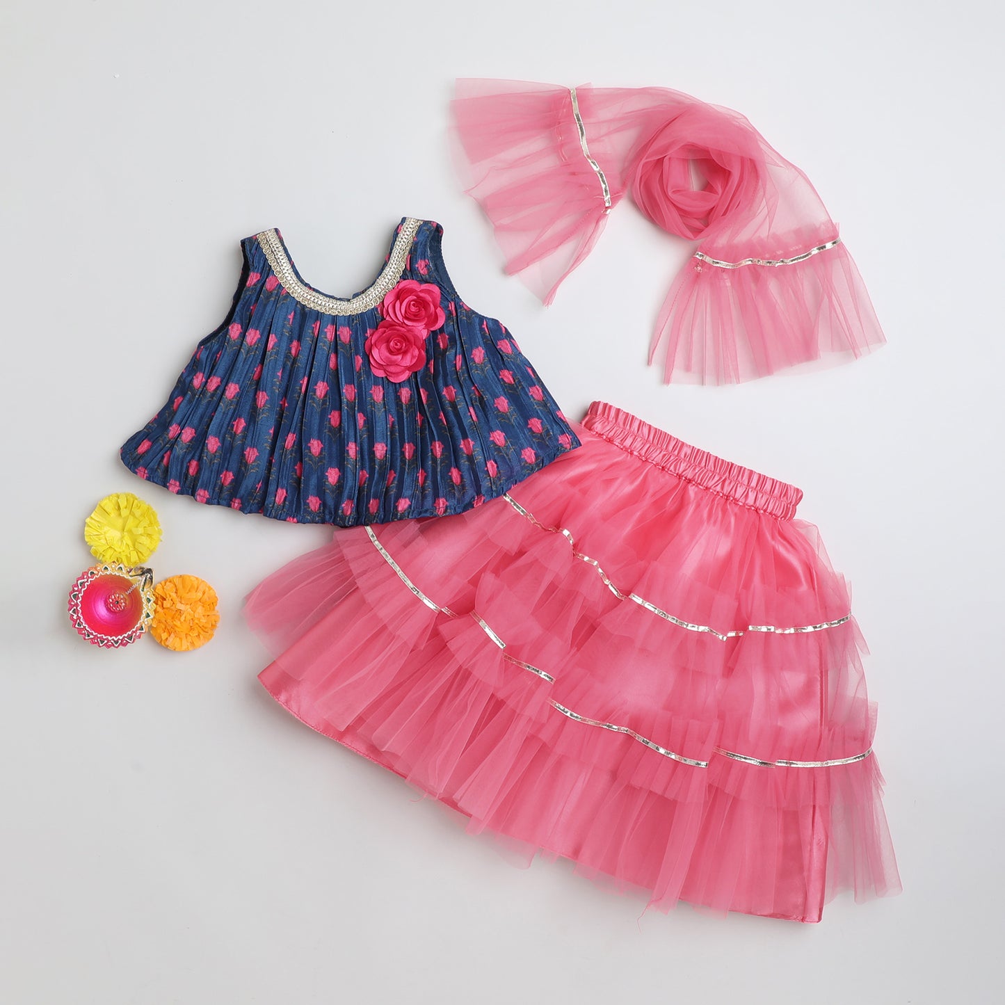 Many Frocks & sleeveless pleated choli lengha dupatta set - Pink & Blue