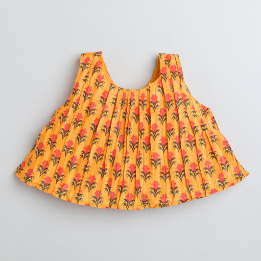 Many Frocks & sleeveless pleated choli lengha dupatta set - Pink & Yellow