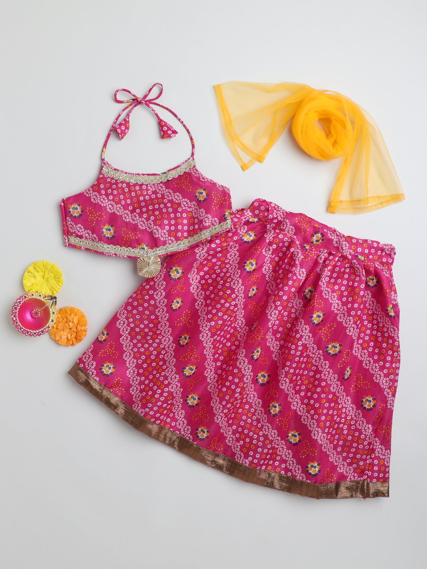 Many Frocks & bandhani sleeveless choli lengha dupatta set - Pink