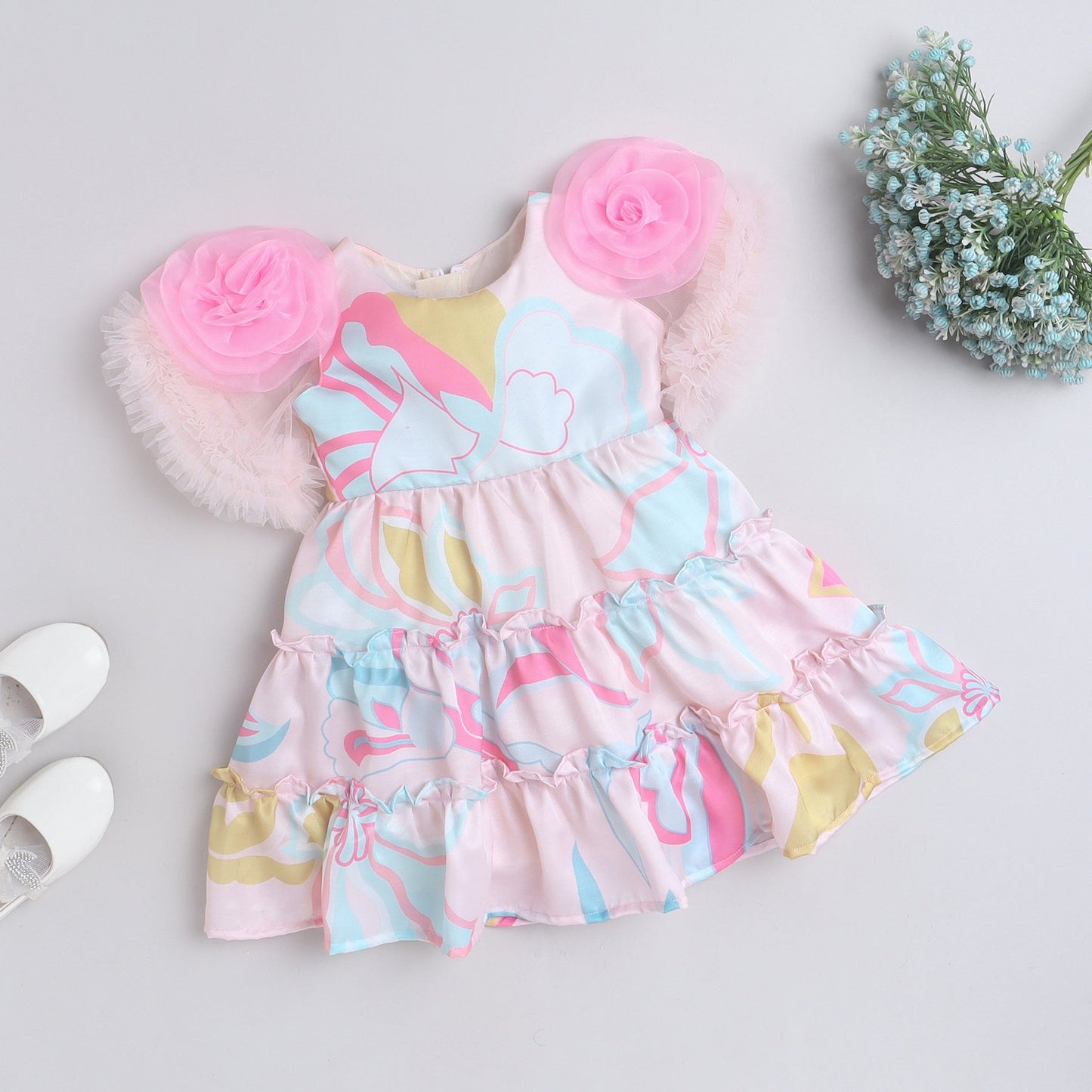 Many Frocks tiered sleeves embellished knee length girls party dress - Pink