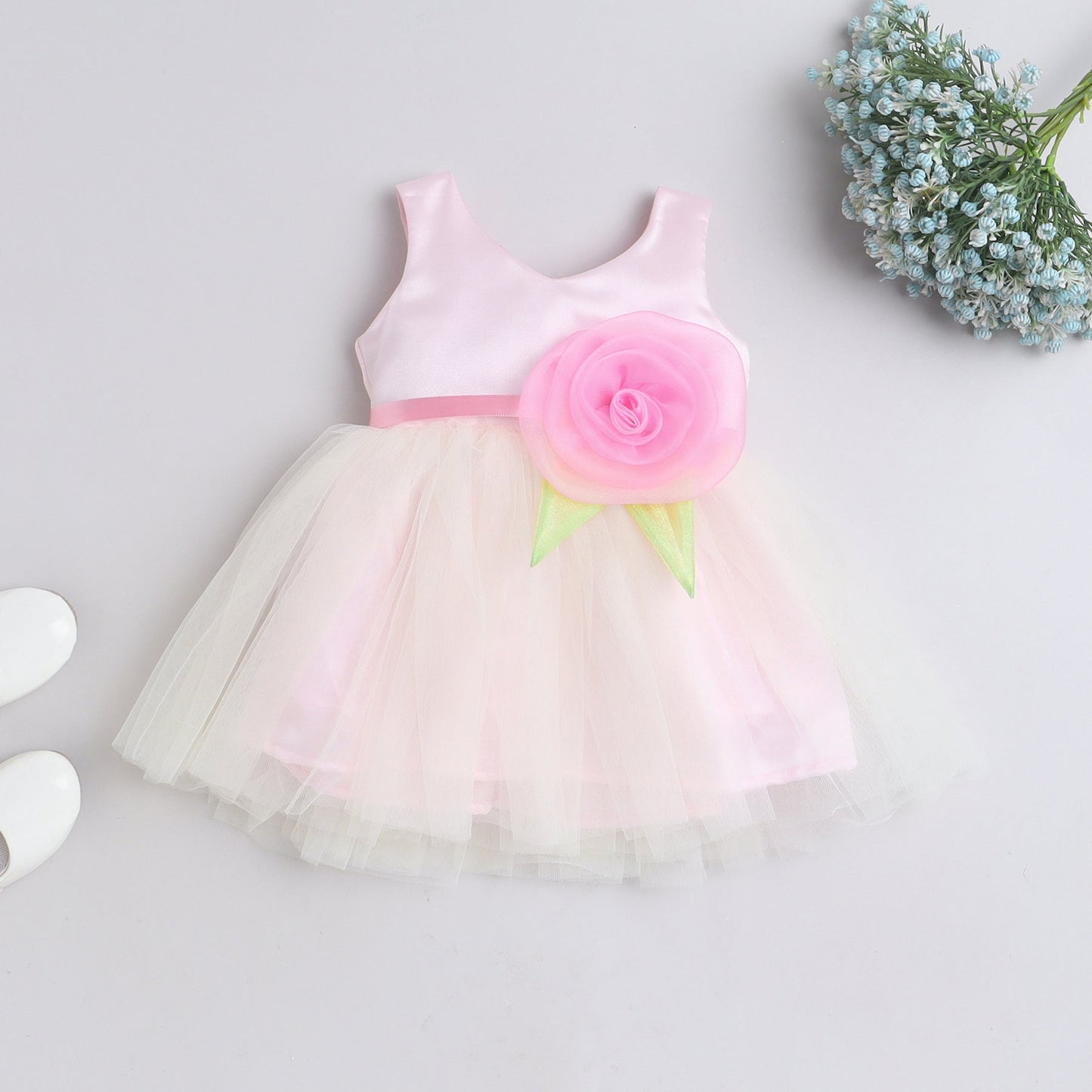 Many Frocks handmade flower embellished knee length girls party dress - Pink