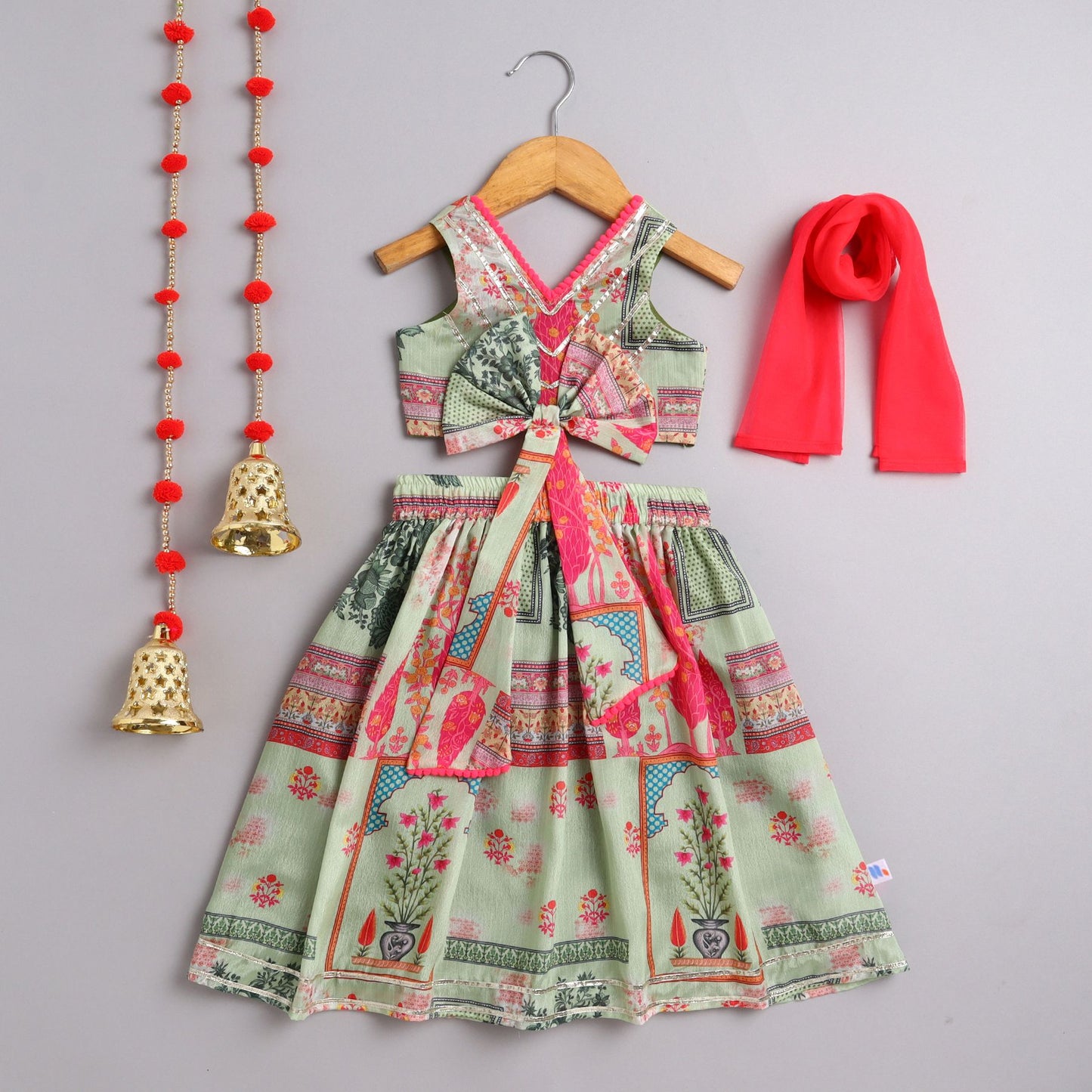 Many Frocks & sleeveless gota patti embellished printed lehenga choli dupatta set- green