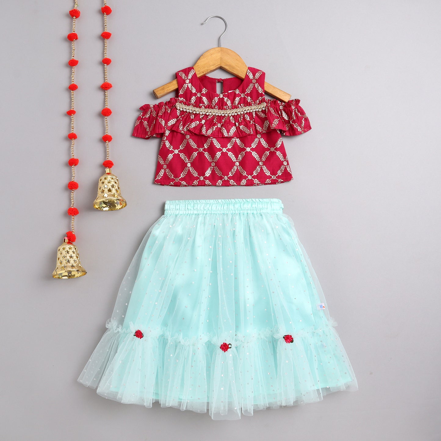 Many Frocks & chanderi and net cold shoulder sleeves flower embellished lehenga choli set- Pink & Blue