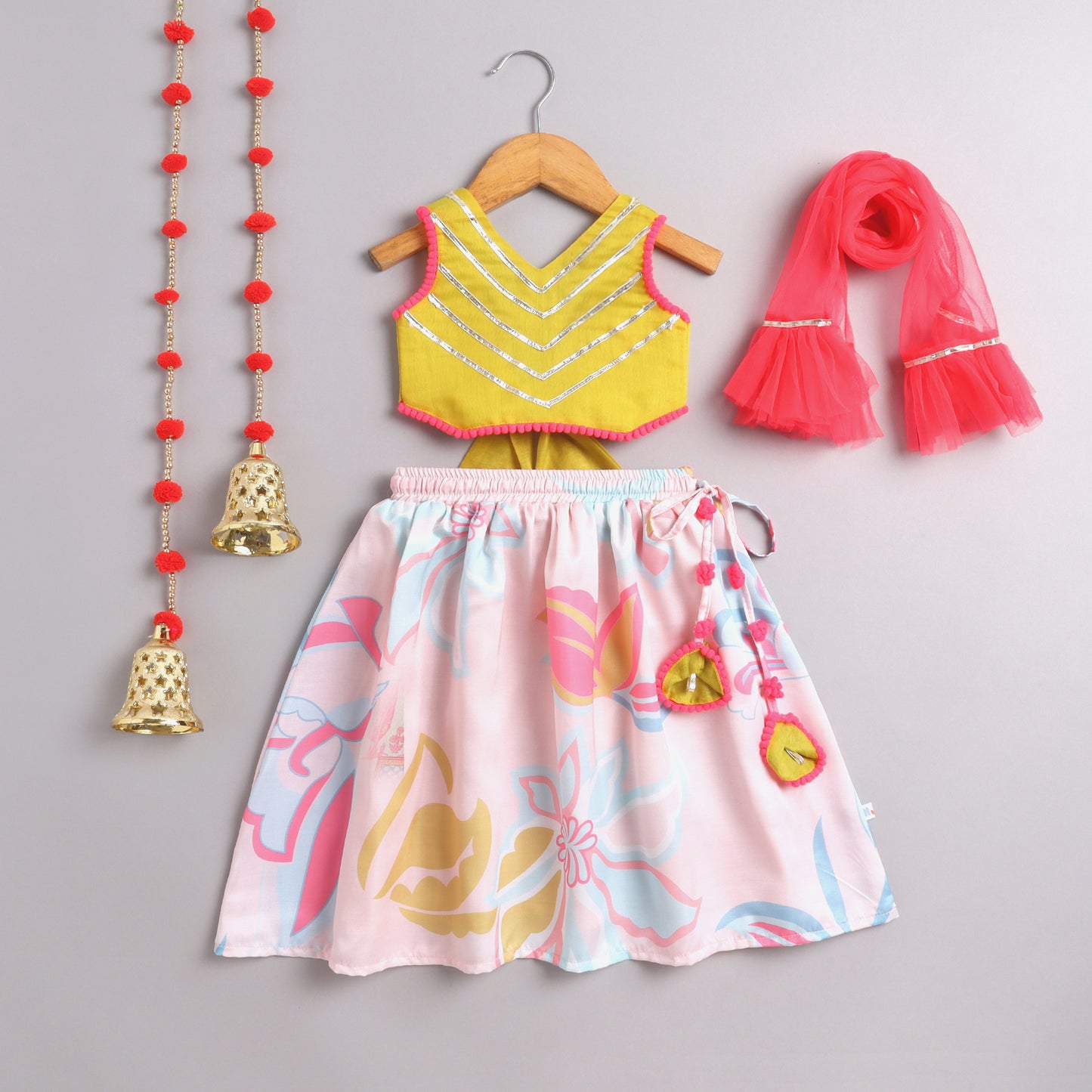 Many Frocks & chanderi and satin sleeveless lace and latkan embellished flower printed lehenga choli dupatta set- pink and yellow