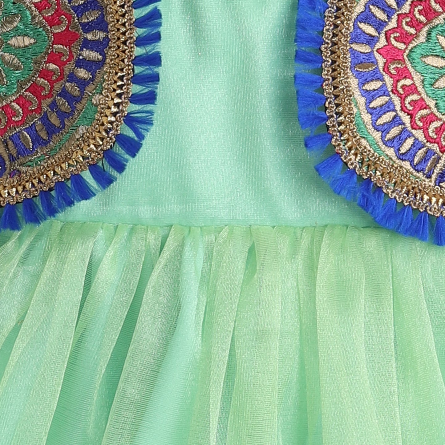 Many Frocks & tissue net sleeveless embroidered koti and lace embellished ethnic frock - Green