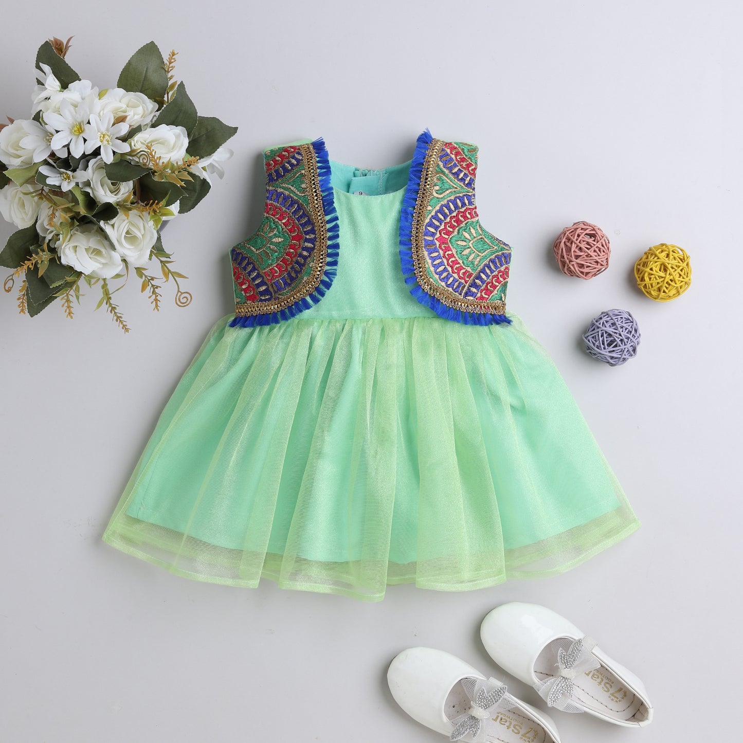 Many Frocks & tissue net sleeveless embroidered koti and lace embellished ethnic frock - Green