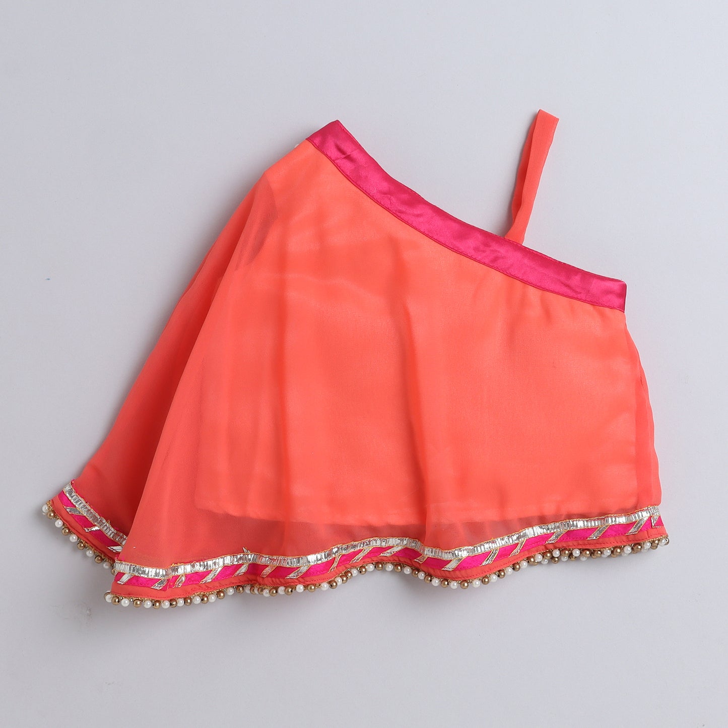 Many Frocks & Sleeveless Net One Shoulder Beaded Choli with Lehenga-Peach