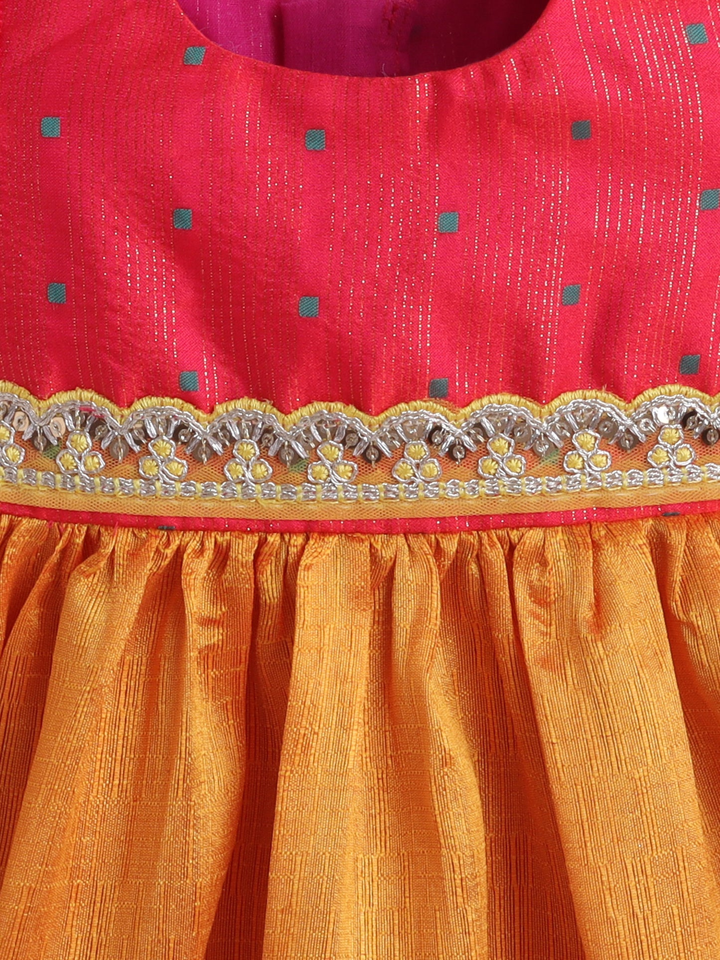 Many Frocks & Dupion woven Puff Sleeves Lace Embellished Knee Length Flared Baby Girls Ethnic Dress - Yellow & Pink