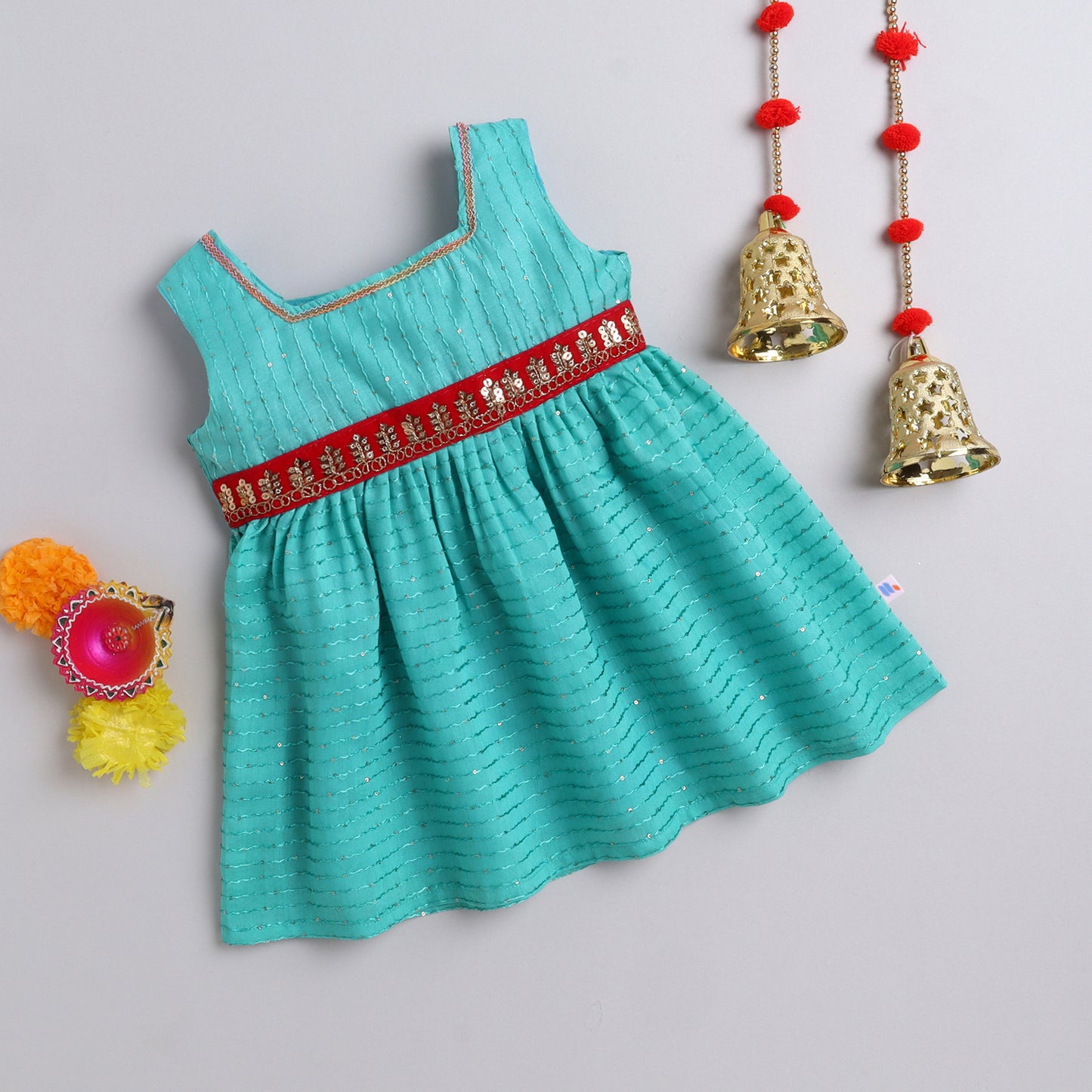Many Frocks & sequined fabric sleeveless lace embellished knee length ethnic dress - Blue