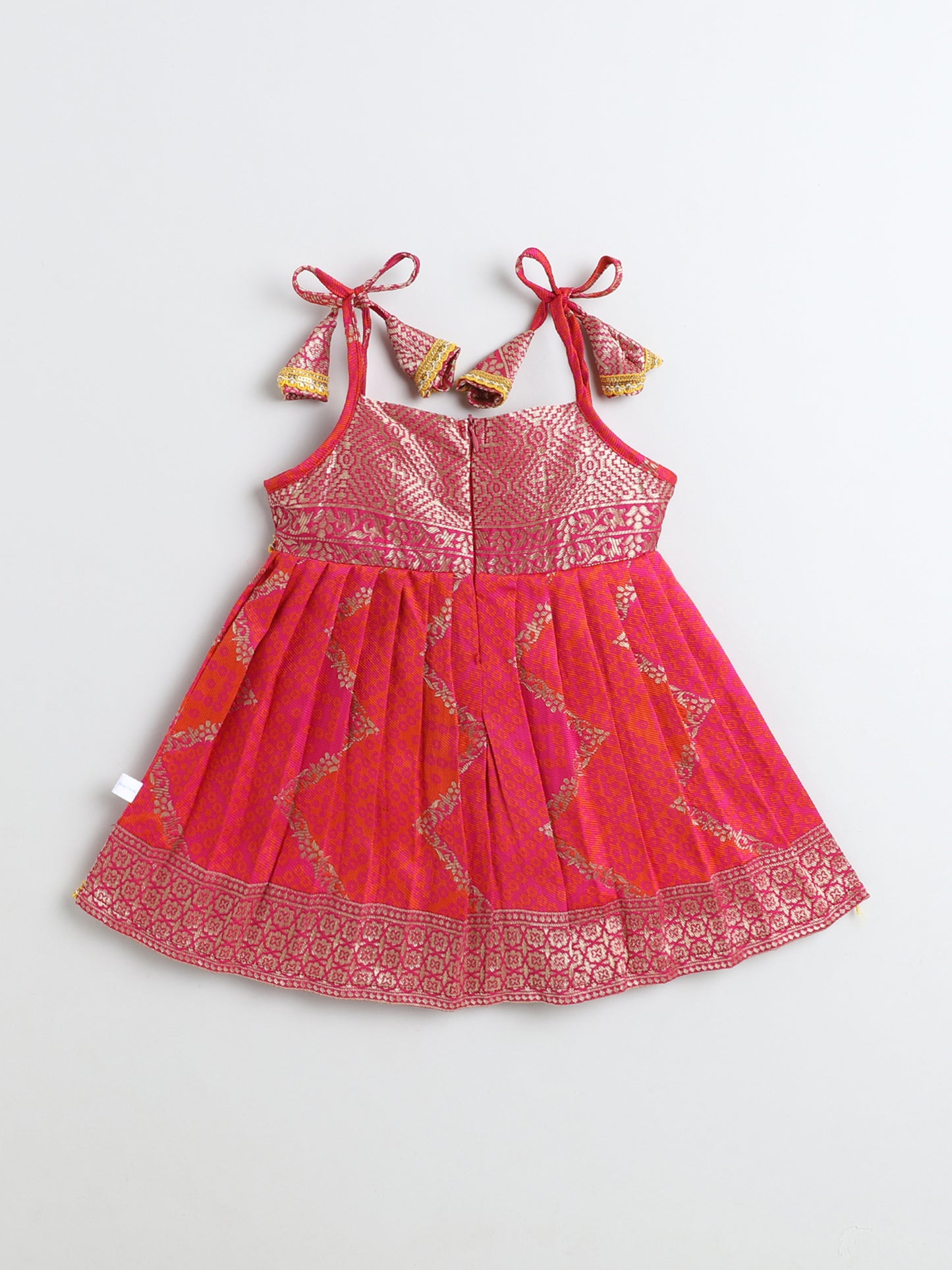 Many Frocks & Banarasi Sleeveless Lace Embellished Knee Length Flared Baby Girls Jhabla Ethnic Dress - Pink