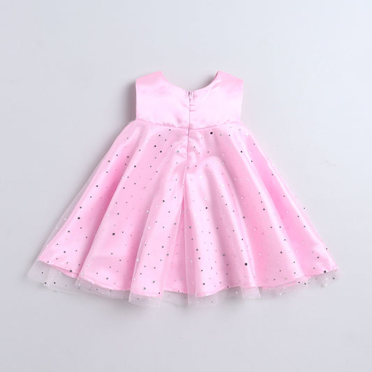 Many Frocks & Satin Sleeveless Bow Embellished Knee Length Flared A Line Girls Christmas Party Dress - Pink