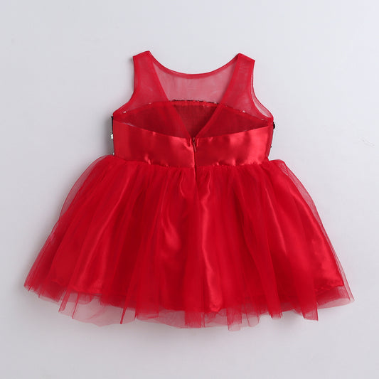 Many Frocks & Net Sleeveless Bow Embellished Knee Length Flared Girls Christmas Party Dress - Red & Black