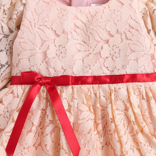 Many Frocks & Cotton Net Short Sleeves Lace Embellished Knee Length Girls Party Dress - Peach