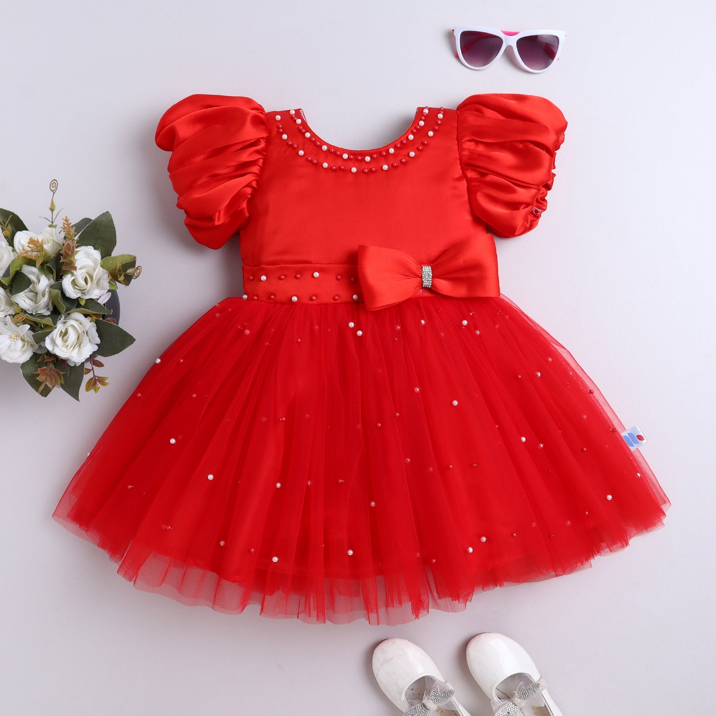 Many Frocks & Net Balloon Sleeve Bow and Pearl Embellished Party Dress - Red