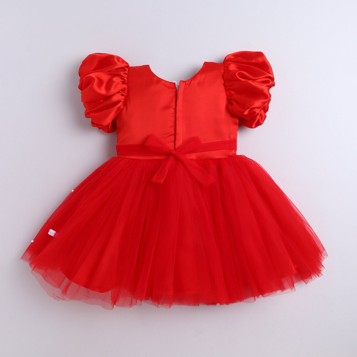 Many Frocks & Net Balloon Sleeve Bow and Pearl Embellished Party Dress - Red