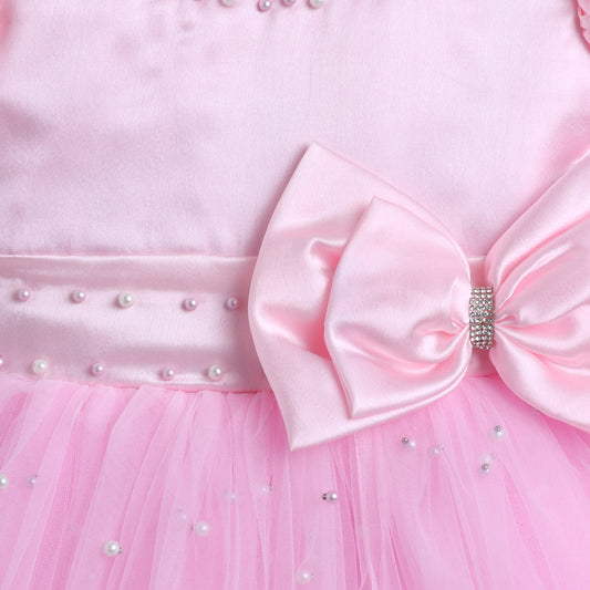 Many Frocks & Satin Balloon Sleeve Double Bow and Pearl Embellished Party Dress - Pink