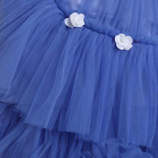 Many Frocks & Net Sleeveless Rose Embellished Party Dress - Blue