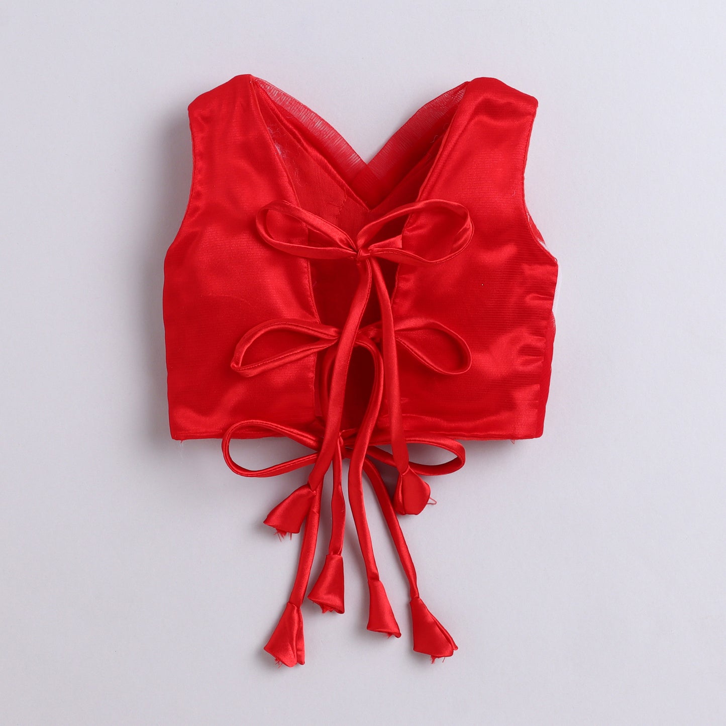 Many Frocks & Net Satin Sleeveless Pleated Lehenga and Choli Dupatta with Flamingo handwork patch -Red