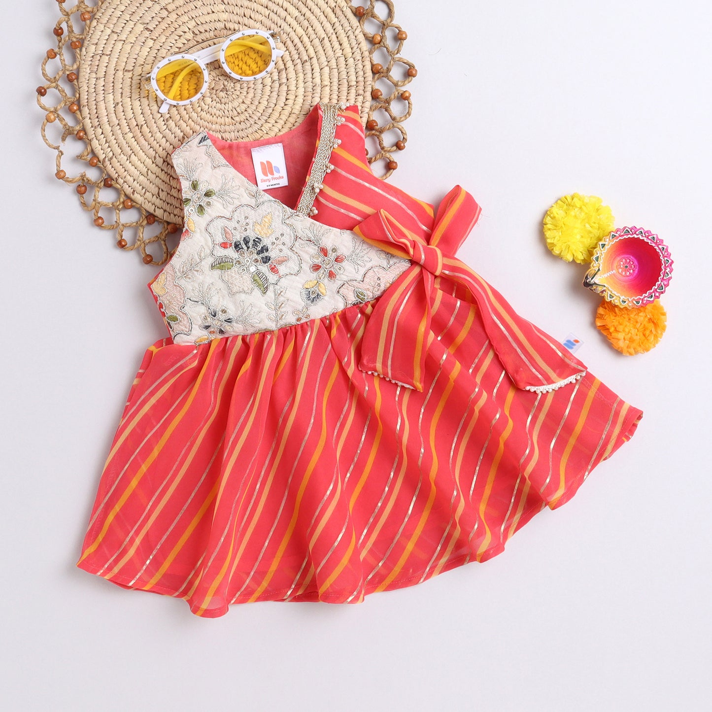 Many Frocks & georgette sleeveless lace embellished overlapping sequin work patch koti ethnic dress- peach