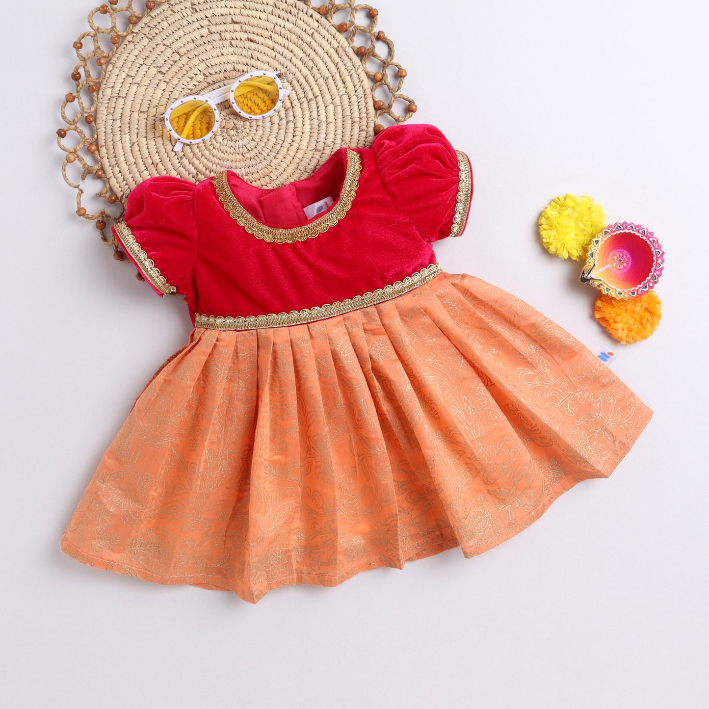 Many Frocks & velvet puff sleeves lace embellished ethnic dress- pink and peach