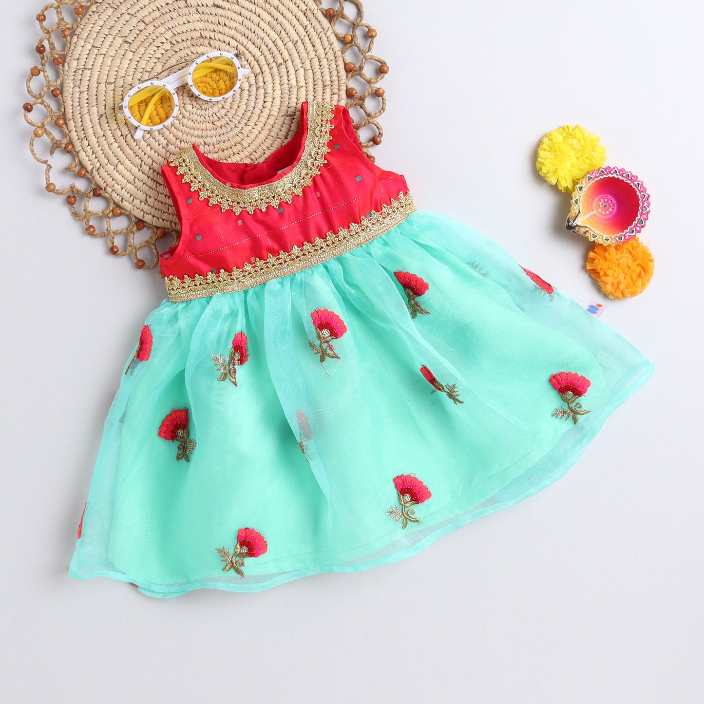 Many Frocks & tissue sleeveless lace & flower embroidery embellished ethnic dress- Pink & Green