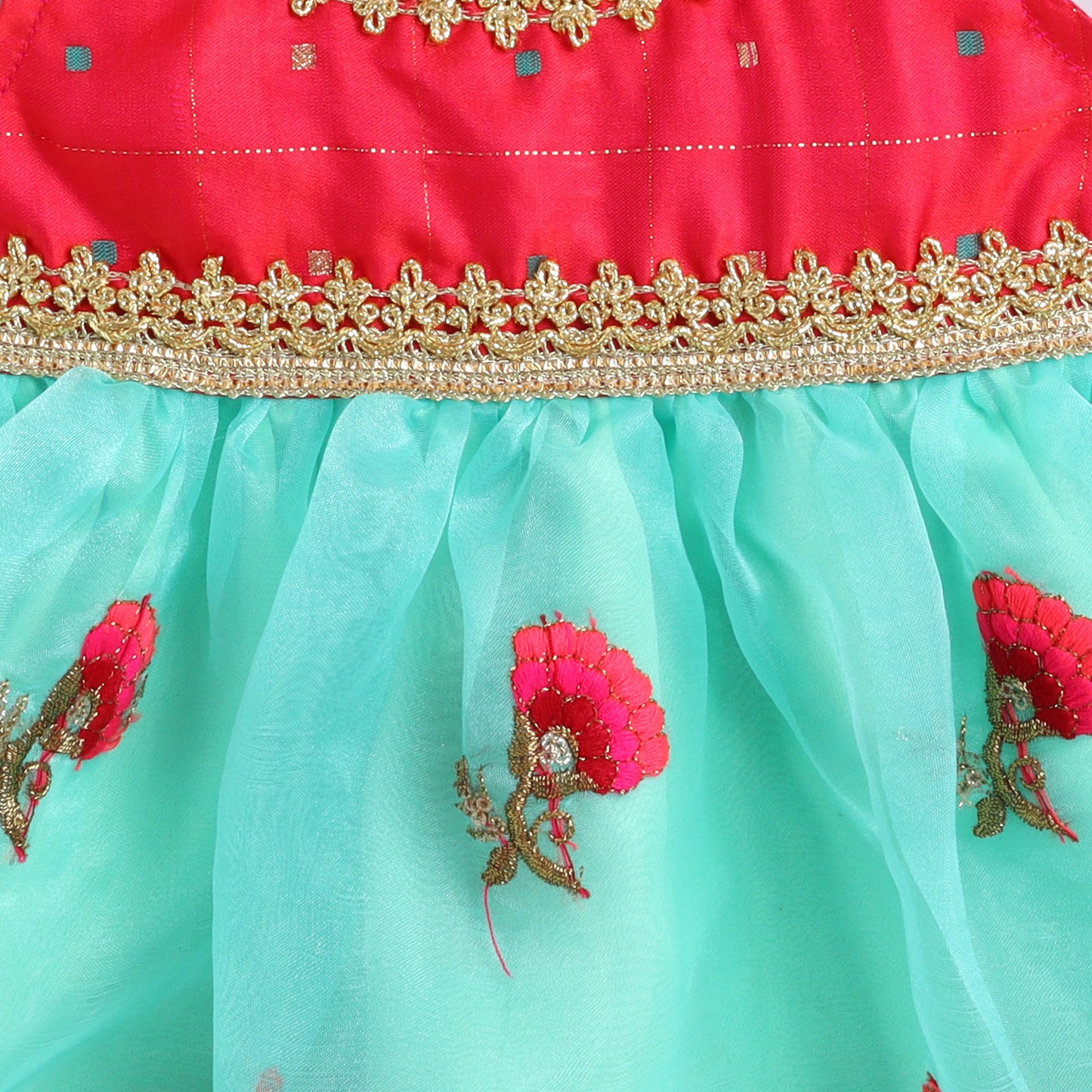 Many Frocks & tissue sleeveless lace & flower embroidery embellished ethnic dress- Pink & Green