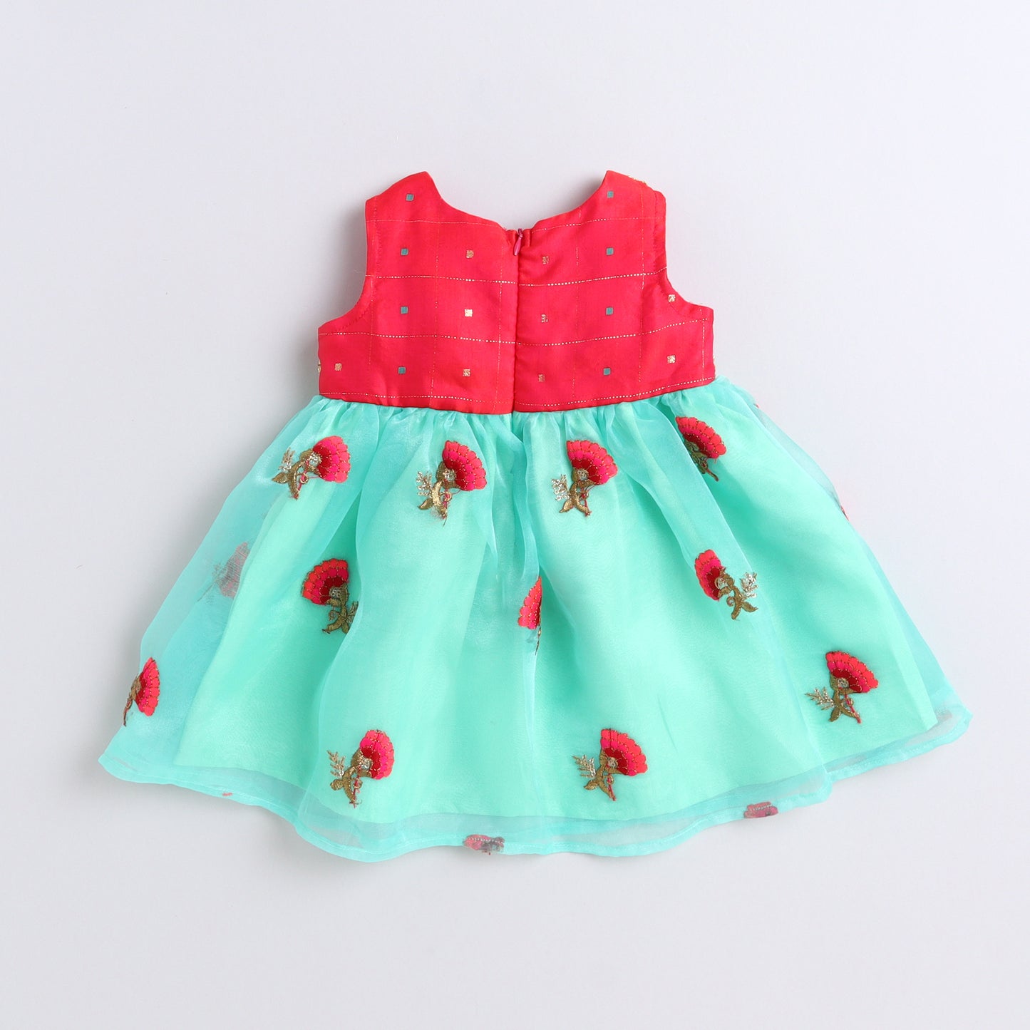 Many Frocks & tissue sleeveless lace & flower embroidery embellished ethnic dress- Pink & Green
