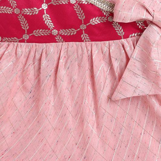 Many Frocks & chanderi sleeveless lace embellished overlapping koti ethnic dress- pink