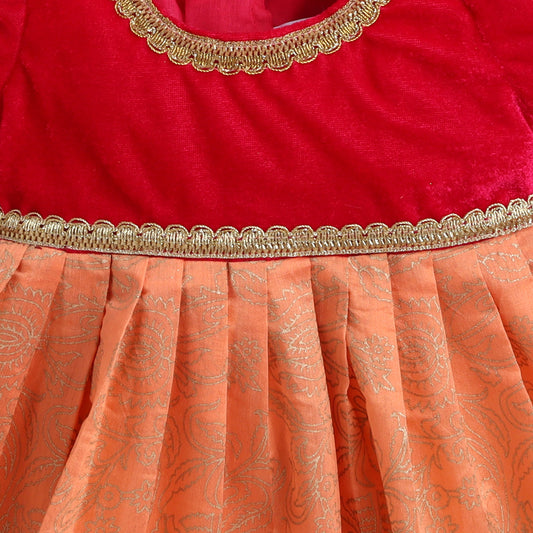 Many Frocks & velvet puff sleeves lace embellished ethnic dress- pink and peach