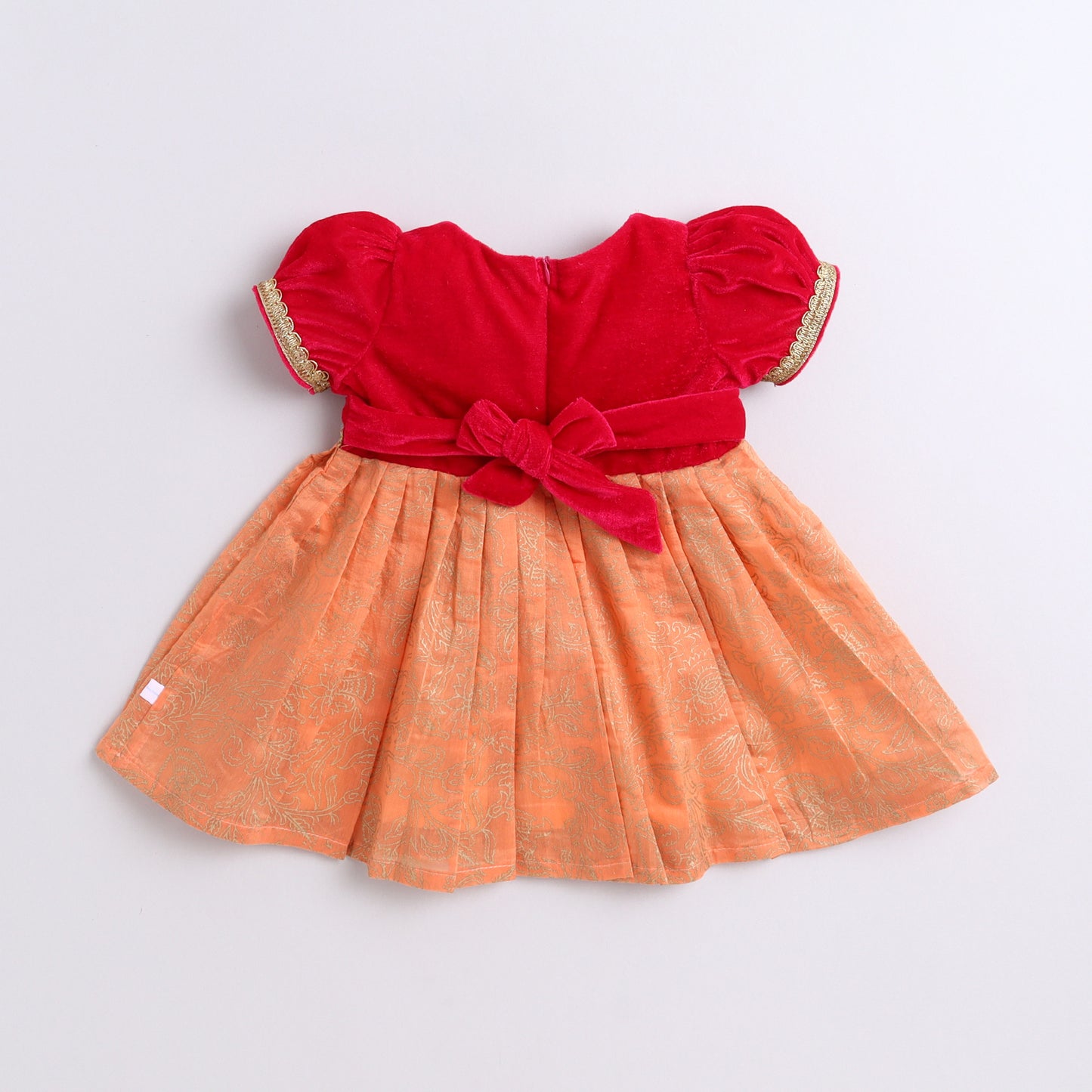 Many Frocks & velvet puff sleeves lace embellished ethnic dress- pink and peach