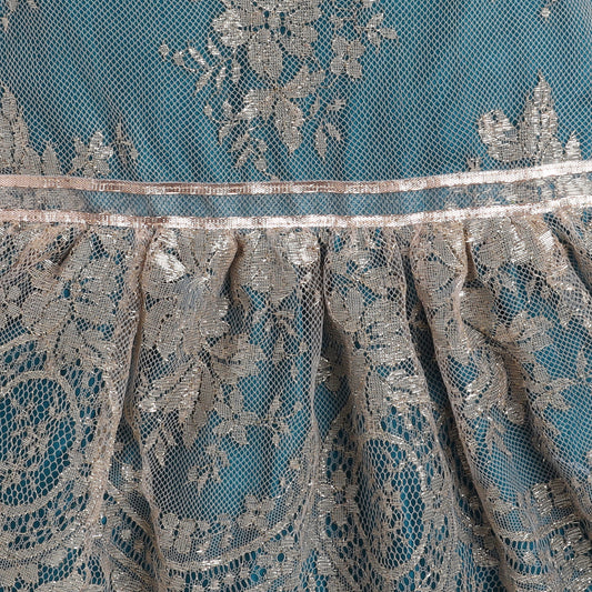 Many Frocks & net sleeveless golden flowers and lace embellished ethnic dress- green