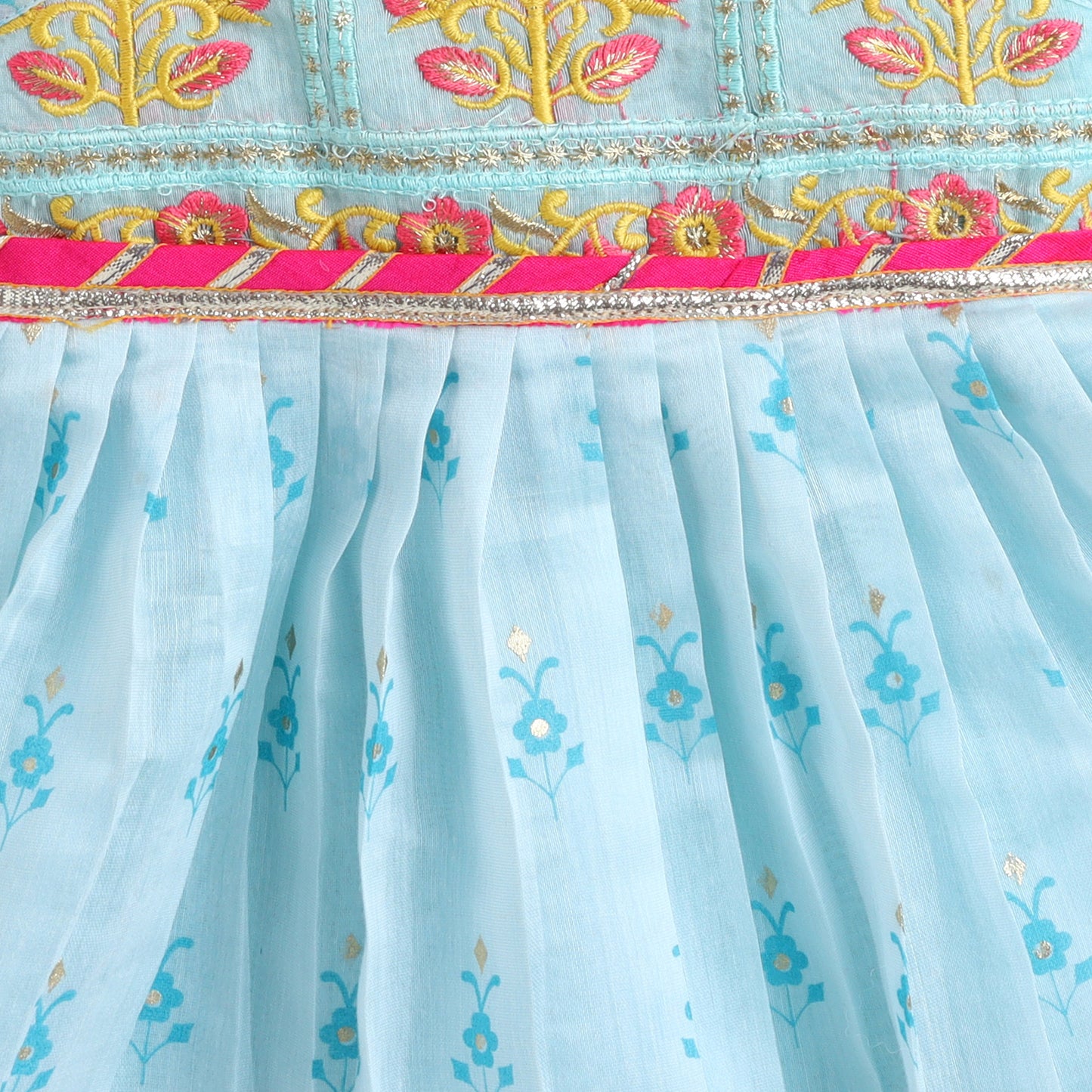 Many Frocks & chanderi sleeveless lace & embroidery embellished jhabla ethnic dress- blue