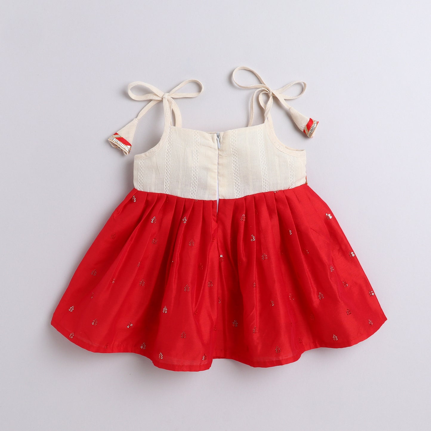 Many Frocks & cotton silk sleeveless tie-up shoulder straps sequin work boti Jhabla ethnic dress- Red & Cream